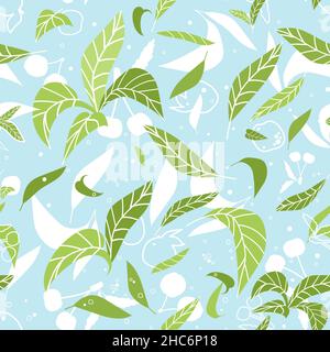 Grün blau Sommer Blätter nahtlose Muster. Vektor-Illustration von Kirschen, Pflaumen, Blätter Silhouetten auf blauem Hintergrund in flach und Doodle-Stil. Stock Vektor