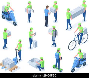 Isometrische Kurierzeichen, Logistiker, Lieferdienstmitarbeiter. Kurier tragen Boxen, bringen Pakete mit Fahrrad oder Roller Vektor Illustration Set Stock Vektor