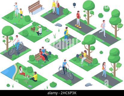 Isometrische Menschen im Stadtpark, Outdoor-Aktivitäten, Picknick-Sport Erholung. Sommer Outdoor aktive Erholung, Picknick, Port-Aktivitäten Vektor Stock Vektor