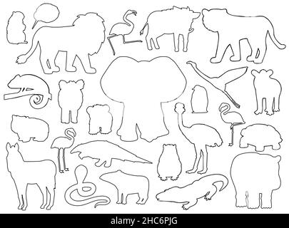 Set von Tieren Silhouetten. Vektor Umriss Cartoon isolierte Grafik handgezeichnete Illustration. Elefant Nilpferd Zebra Flamingo Löwe Wildschwein Tapir Pinguin Stock Vektor