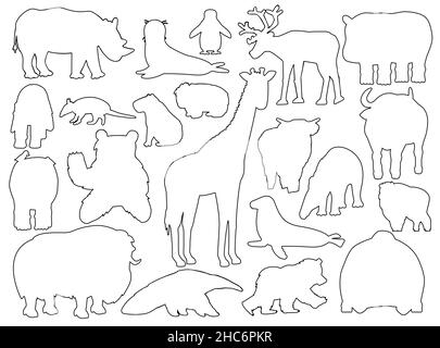 Set von Silhouette Tiere. Vektor Umriss Cartoon isolierte Grafik handgezeichnete Illustration. Giraffenbär Orang-Utan-Rind Nashorn-Wombat-Hochland-Kuhrobbe Stock Vektor