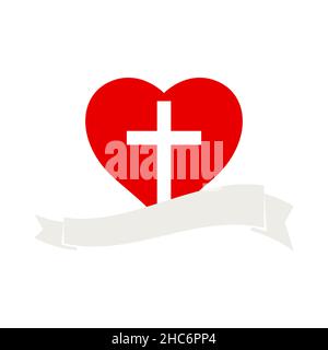 Kreuzt das Herz. Jesus im Herzen Konzept. Weißes Bannerband. Flache isolierte christliche Illustration, biblischer Hintergrund. Stockfoto
