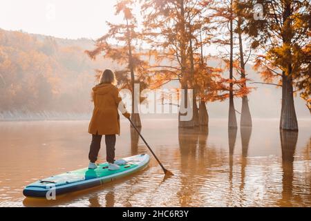 Reisende Frau auf Stand Up Paddle Board am See mit Taxodium Bäumen. Frau auf dem SUP-Board Stockfoto