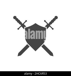 Zwei mittelalterliche Ritter gekreuzt Schwerter mit Schild isoliert Emblem. Heiliger Krieg, Kreuzzugszeichen. Schwarz-Weiß-Abbildung. Stockfoto