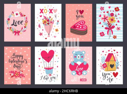 Valentinstag niedlich romantische schöne Elemente Grußkarten. Herz Formen, Geschenke und Blumen romantische Poster Vektor Illustration Set. Glücklich Stock Vektor