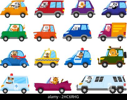 Niedliche Cartoon-Tierfahrer auf Spielzeugautos, Tier Charakter Laufwerk Spielzeug Transport. Tiere, Löwe, Maus und Waschbär fahren Spielzeug Autos Vektor Illustration Set Stock Vektor