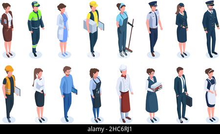 Isometrische Profis, Geschäftsmann, Arzt, Koch, Polizist, Techniker. Verschiedene Beruf, Lehrer, Kellnerin, Pilot Vektor Illustration Set Stock Vektor