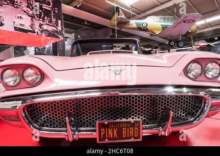 SINSHEIM, DEUTSCHLAND - 8. APRIL 2018: Amerikanischer Oldtimer 1959 Ford Thunderbird Cabriolet in rosa Farbe mit eingravierter Kennzeichen 'Pink Bird' in Th Stockfoto