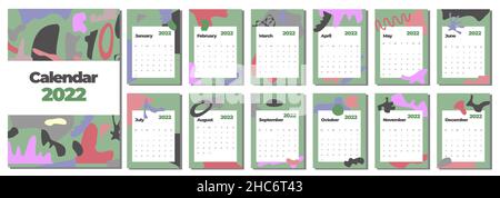 Monatskalender mit abstrakten Formen. Hintergrund der grünen Salbeifarbe. Stock Vektor