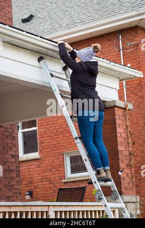 Kaukasische Frau, die auf einer Leiter steht und Weihnachtslichter auf dem Dach eines roten Backsteinhauses aufstellt. Stockfoto