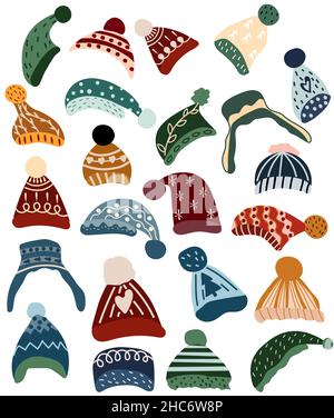 Kollektion Weihnachtsmützen auf weißem Hintergrund. Winterkleidung. Skandinavischer Stil. Konzept Weihnachten und Neujahr. Vektorgrafik Stock Vektor