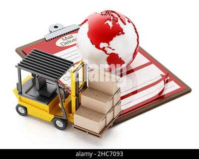 Gabelstapler, Lieferdokument auf Zwischenablage und Globus. 3D Abbildung. Stockfoto