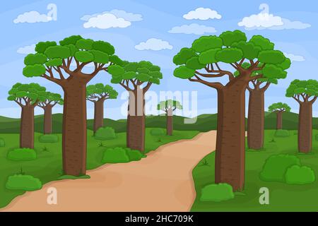 Vektor skizzieren afrikanischen Madagaskar Baobab Straße. Doodle Cartoon Handgezeichnete Landschaftsdarstellung von Bäumen, Himmel, Straße, afrikanischen Pflanzen, Büschen, Wolken, Stock Vektor