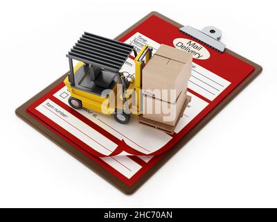 Gabelstapler, Lieferdokument auf Zwischenablage und Globus. 3D Abbildung. Stockfoto