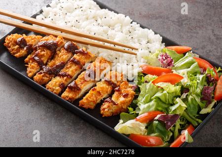 Chicken Katsu ist ein japanisches Gericht, das auch als Panko-Huhn oder Tori Katsu bekannt ist und mit Reis- und Gemüsesalat auf dem Betontisch serviert wird. Horizont Stockfoto