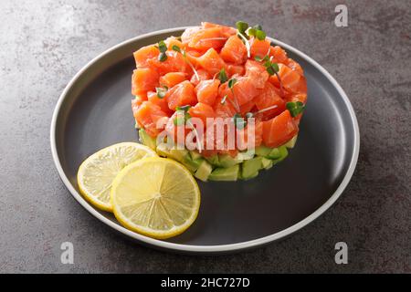 Lachskartare mit Zitrone, Avocado, Mikrorrün. Schöner Snack, diätetisches Essen, Vorspeise Stockfoto