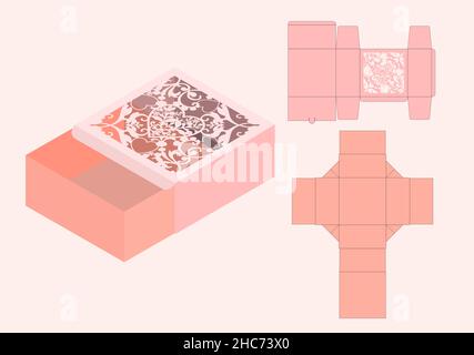 Herz detaillierte Verpackung Box die Cut-Vorlage. Laser geschnitten Linien. Schnitt- und Faltschachtelvorlage, Selbstschloss, Verpackungsdesign, Valentinstag Geschenkbox. Rosa, Stock Vektor