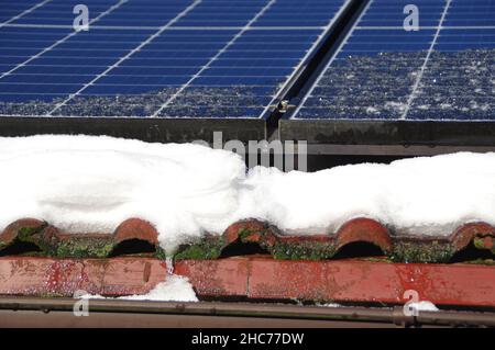 Sonnenkollektoren von Schnee bedeckt. Photovoltaikanlage auf dem Hausdach während der Wintersaison an einem sonnigen Tag. Alternative Energie Home Pro Stockfoto