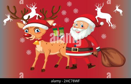 Frohe Weihnachten und Frohes neues Jahr. Das Rentier des Weihnachtsmanns mit einem Sack von Geschenken in der Weihnachtsschneeszene. Vektorgrafik Grußkarte Poster Stock Vektor