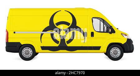Kommerzieller Lieferwagen mit Biohazard-Symbol, 3D Rendering isoliert auf weißem Hintergrund Stockfoto