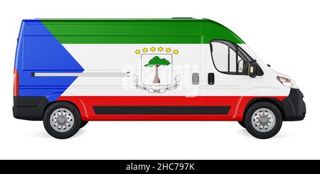 Äquatoguineanische Guinea-Flagge auf kommerziellem Lieferwagen gemalt. Frachtlieferung in Äquatorialguinea, Konzept. 3D Rendering isoliert auf weißem Backgroun Stockfoto