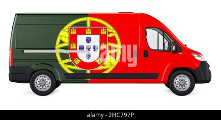 Portugiesische Flagge auf kommerziellem Lieferwagen gemalt. Frachtlieferung in Portugal, Konzept. 3D Darstellung isoliert auf weißem Hintergrund Stockfoto