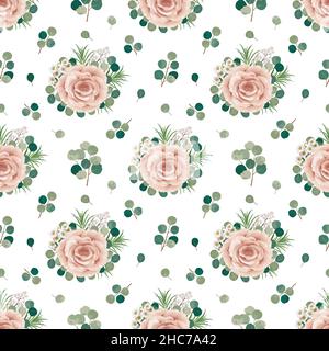 Nahtloses Muster aus Rose und Eukalyptus, Vektor-Aquarell-Design mit Blumenmuster. Stock Vektor