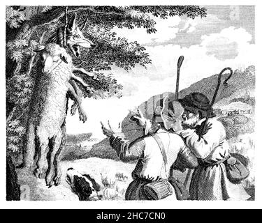 Eingravierte Illustration des Wolfes in Schafskleidung, eine Geschichte, in der eine Rolle gespielt wird, die dem echten Charakter widerspricht, aus der ersten Ausgabe von Stockdales AES aus dem Jahr 1793 Stockfoto