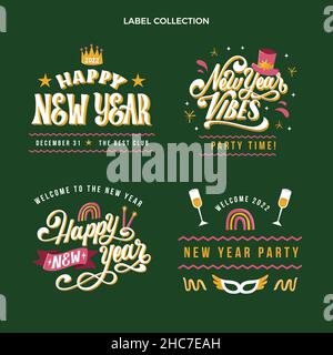 Handgezeichnete flache neue Jahr Etiketten Kollektion abstraktes Design Vektor Illustration Stock Vektor