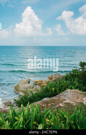 Blick auf die felsige Küste in Isla Mujeres, Mexiko Stockfoto