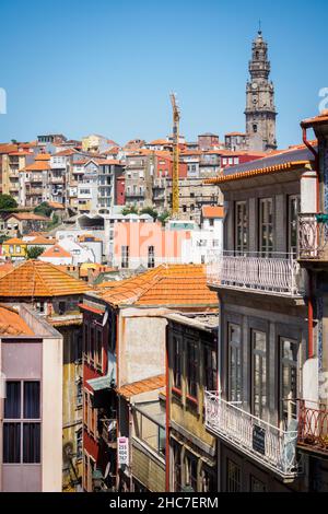 Luftaufnahme über die Dächer und die Kirche des Clerigos in Porto, Portugal Stockfoto