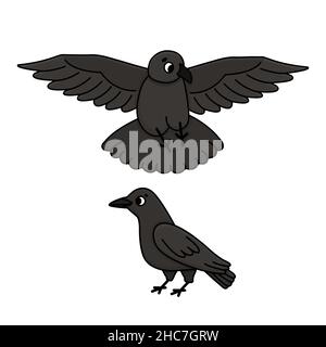 Schwarze oder dunkle niedliche graue Krähen. Cartoon Vektor fliegen und stehen Raben Illustration. Schneiden Sie zwei Vögel aus Stock Vektor