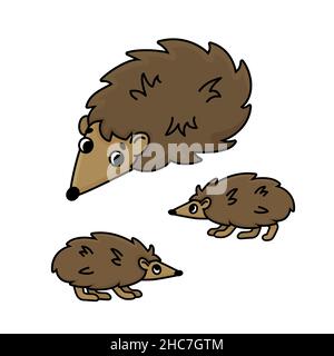 Nette lustige Familie von drei braunen Doodle Cartoon Igel. Vektor-Umriss isoliert von Hand gezeichnet weiblich, Baby Kinder Tiere Illustration auf weißem Backgrou Stock Vektor