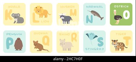 Niedliche K-T-Alphabet-Karten mit Cartoon-Savanne afrikanischen Tieren. Illustrationen zum Vektorzoo. Koala, Löwe, Muskox, Narwal, Strauß, pinguin-Quokka, Nashorn, Stock Vektor