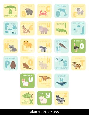 Niedliche A-Z-Alphabet-Karten mit Cartoon-Tieren. Illustrationen zum Vektorzoo. Alligator, Büffel, Krabben, Delphin, Fisch, Giraffe-Nilpferd, Koala-Löwe Muskox ostr Stock Vektor