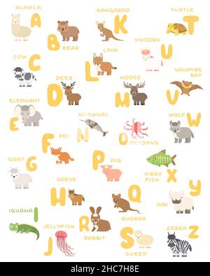 Vektor isoliert Ein Z Zoo Alphabet Cartoon Tiere Bildung Poster. Alpaka Bär Kuh Hirsch Elefant Fuchs Ziege Pferd Leguan Qualle Känguru Luchs Elch o Stock Vektor