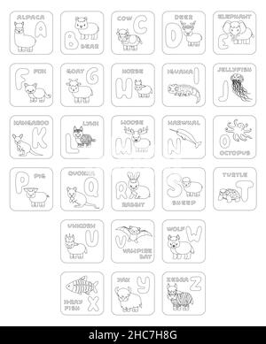 Set von schwarz weißen ABC-Karten mit Bildern. Vektordarstellung Illustration für Kinder Schulbuch. Alpaka Bär Kuh Hirsch Elefant Fuchs Ziegenpferd igu Stock Vektor
