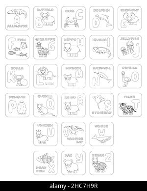 Schwarz-weiße ABC-Karten mit Bildern. Vektordarstellung Illustration für Kinder Schulbuch. Alligator Büffelkrabbe Delphin Fisch Giraffe Hippo k Stock Vektor