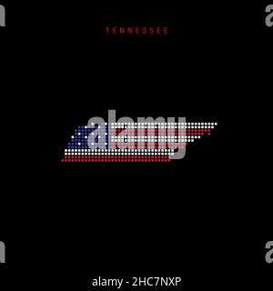 Karte mit quadratischen Punkten von Tennessee. Gepunktete Pixelkarte mit den Farben der amerikanischen Nationalflagge auf schwarzem Hintergrund. Vektorgrafik. Stock Vektor