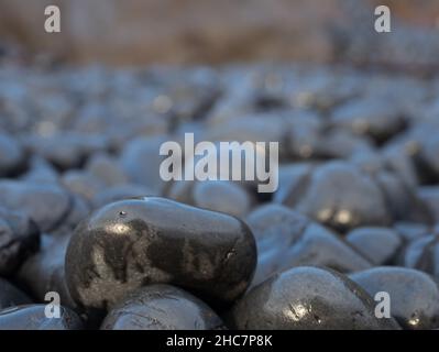 Nahaufnahme des glatten, nassen, schwarzen Vulkangesteins Cobble Beach bei Yaquina Head an der Küste von Oregon. Fotografiert mit geringer Schärfentiefe. Stockfoto