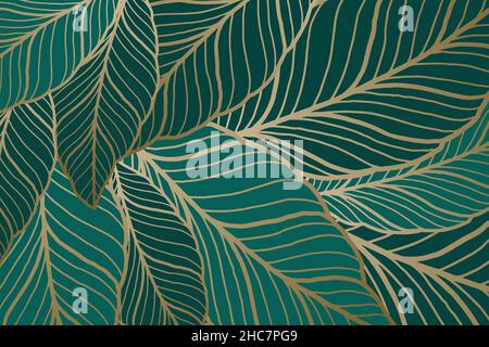 Handgezeichnete lineare goldene abstrakte Blätter Hintergrund Vektor. Blätter Design abstrakten Hintergrund Stock Vektor