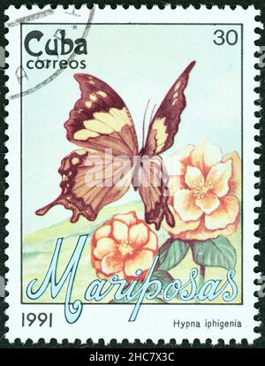 KUBA - UM 1991: Eine in Kuba gedruckte Briefmarke aus der 'Schmetterlinge'-Ausgabe zeigt den Hypna iphigenia-Schmetterling, um 1991. Stockfoto