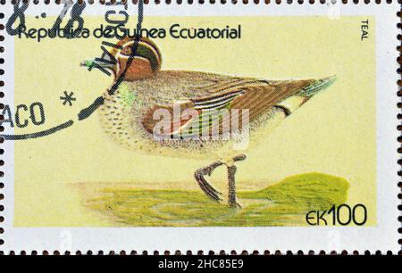 Abgesagte Briefmarke gedruckt von Äquatorialguinea, die Grüngeflügeltes Teal (Anas crecca) zeigt, um 1978. Stockfoto