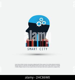 Machine Learning, Künstliche Intelligenz kontrollierte Smart City, Home Automation Design-Konzept mit Stadtbild und Human Head Stock Vektor
