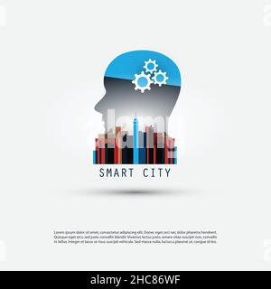 Ein maschinelles Lernen, Künstliche Intelligenz kontrollierte Smart City, Home Automation Design-Konzept mit Stadtbild und Human Head Stock Vektor
