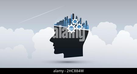 Smart City, automatisierte digitale Steuerung, Deep Learning, Künstliche Intelligenz und Design von Zukunftskonzepten mit City Skyline und Human Head Stock Vektor