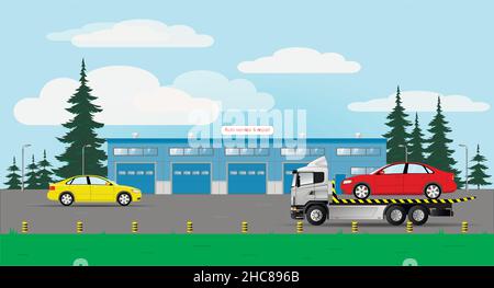 Autoservice- und Reparaturgebäude. Lieferung eines defekten Fahrzeugs durch einen Abschleppwagen. Vektorgrafik. Stock Vektor