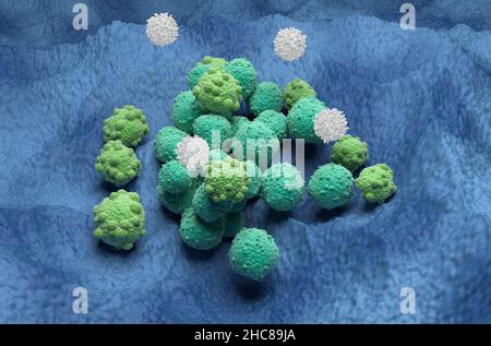 T-Zellen attackieren Lymphom Leukämie Blutkrebszellen 3D Rendering Illustration Stockfoto