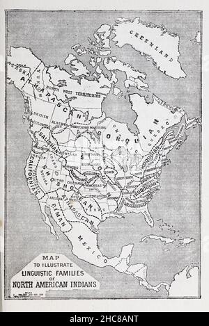 Karte mit den linguistischen Beständen der nordamerikanischen Indianer aus dem Buch „The Myths of the North American Indians“ von Lewis Spence, veröffentlicht in London von George G. Harrap & Company im Jahr 1912 Stockfoto