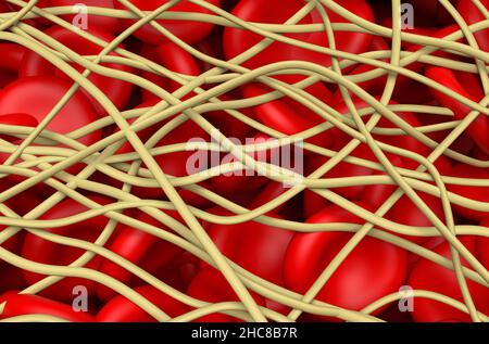 Blutgerinnsel. Die roten Blutkörperchen sind in Filamenten aus Fibrin-Protein gefangen. Isometrische Ansicht 3D Abbildung Stockfoto